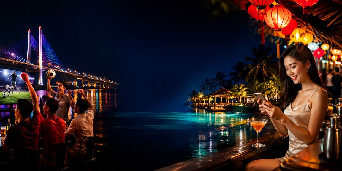 Người dùng Cần Thơ chơi casino trên điện thoại tại chợ đêm với không khí vui vẻ, thư thái